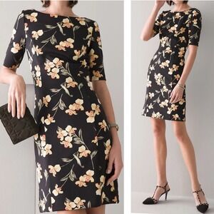 WHBM Black Anthurium Tossed Floral Elbow Sleeve Sheath Dress sz 8 Boat Neck